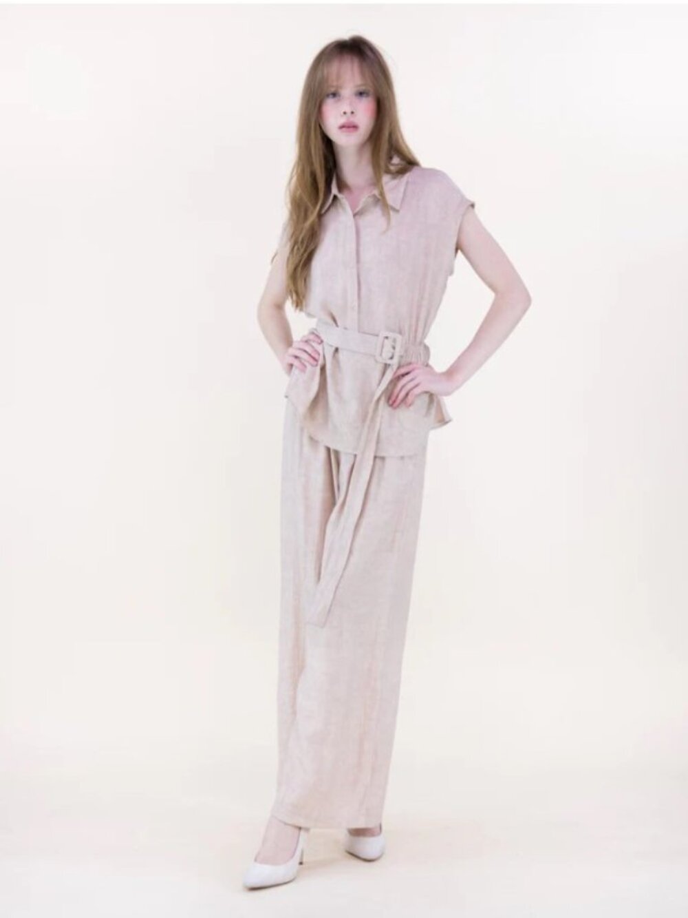 Khaki Crepe Jaquard Asymmetric Belted Shirt & Wide-Leg Pants Set